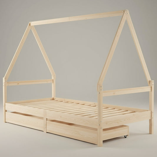 Lit Cabane Montessori en Bois de Pin Massif 90x200 cm avec 2 Tiroirs de Rangement - Toit Maison