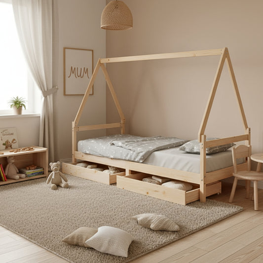 Lit Cabane Montessori en Bois de Pin Massif 90x200 cm avec 2 Tiroirs de Rangement - Toit Maison - JouetApprends