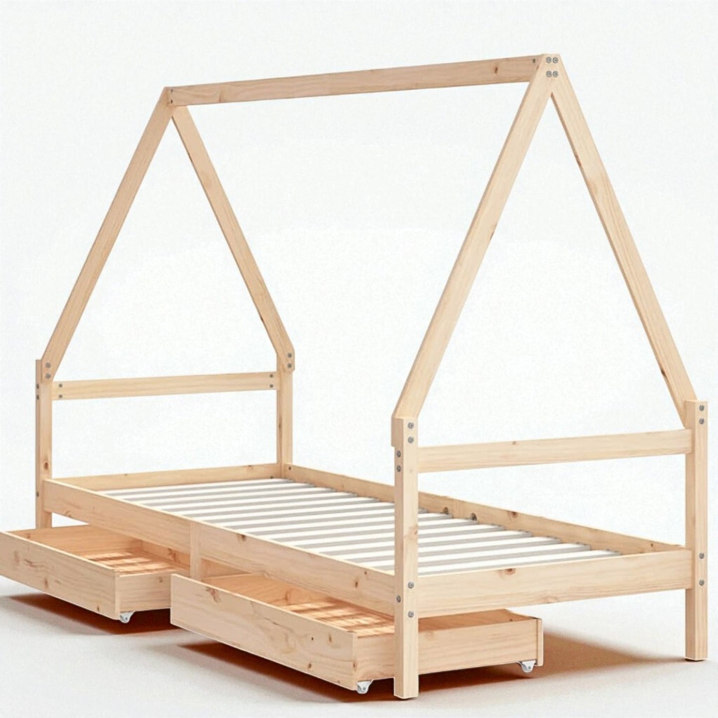 Lit Cabane Montessori en Bois de Pin Massif 90x200 cm avec 2 Tiroirs de Rangement - Toit Maison