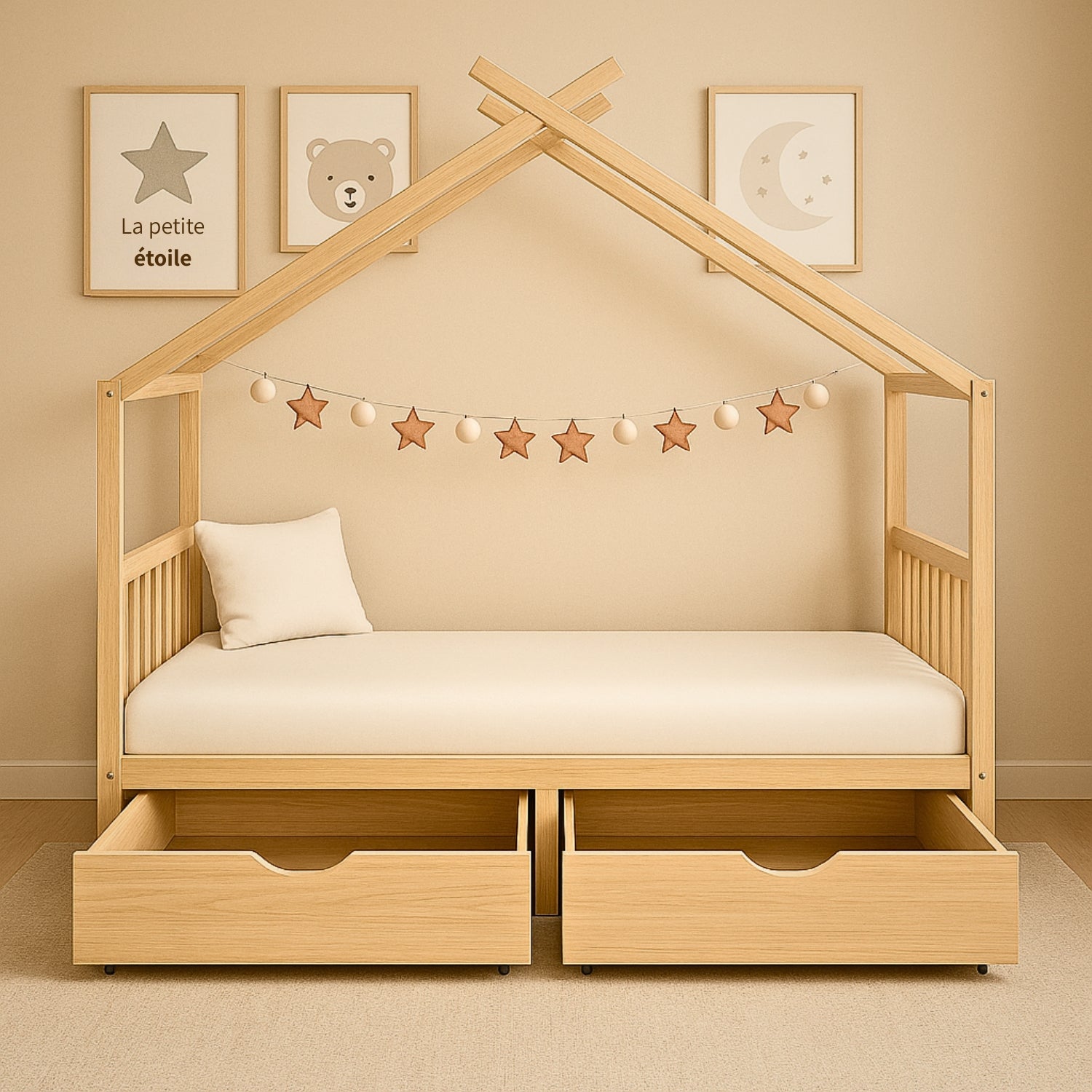 Lit Cabane Montessori en Bois de Pin Massif 90x200 cm avec 2 Tiroirs de Rangement - Cocon naturel & nuits paisibles - JouetApprends