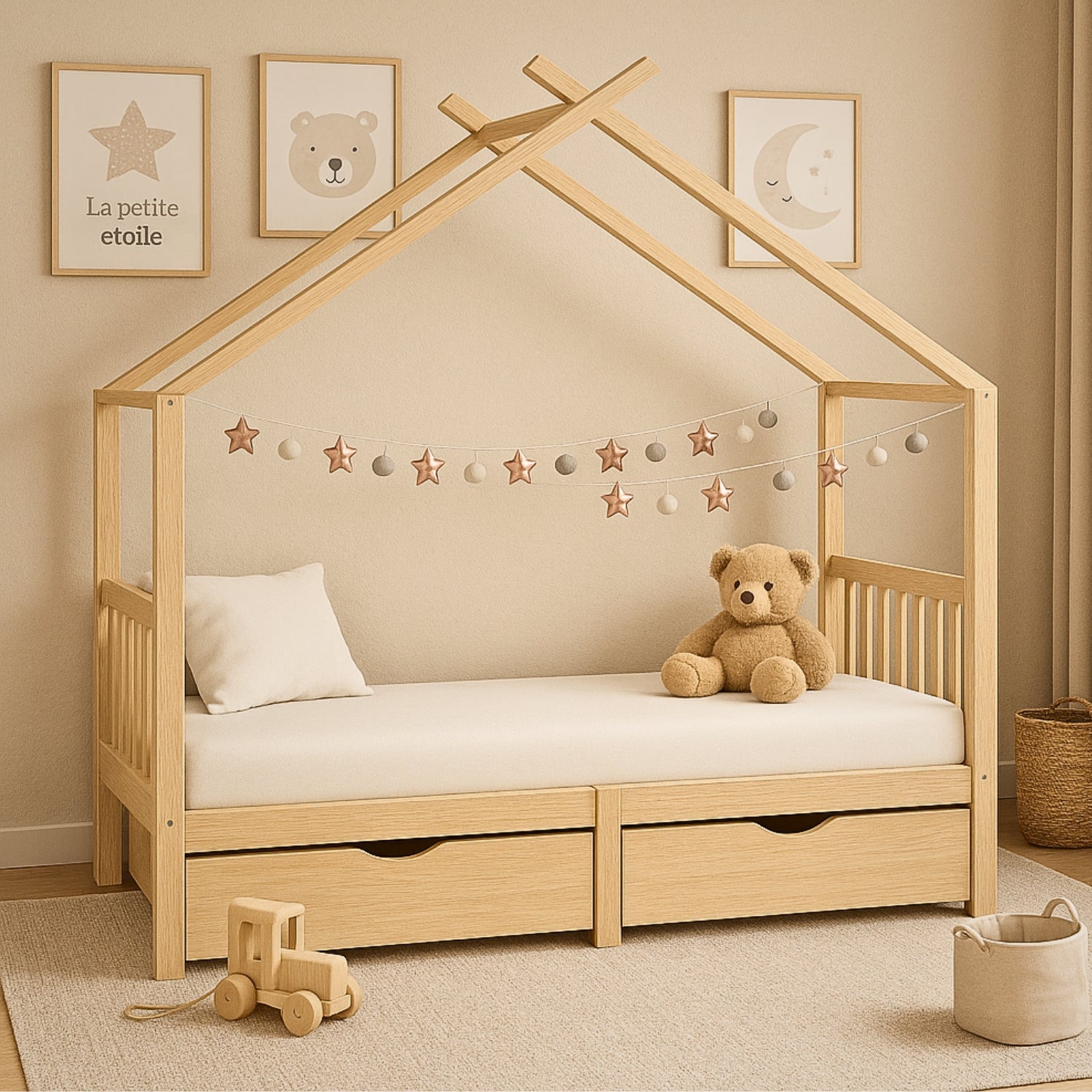 Lit Cabane Montessori en Bois de Pin Massif 90x200 cm avec 2 Tiroirs de Rangement - Cocon naturel & nuits paisibles - JouetApprends
