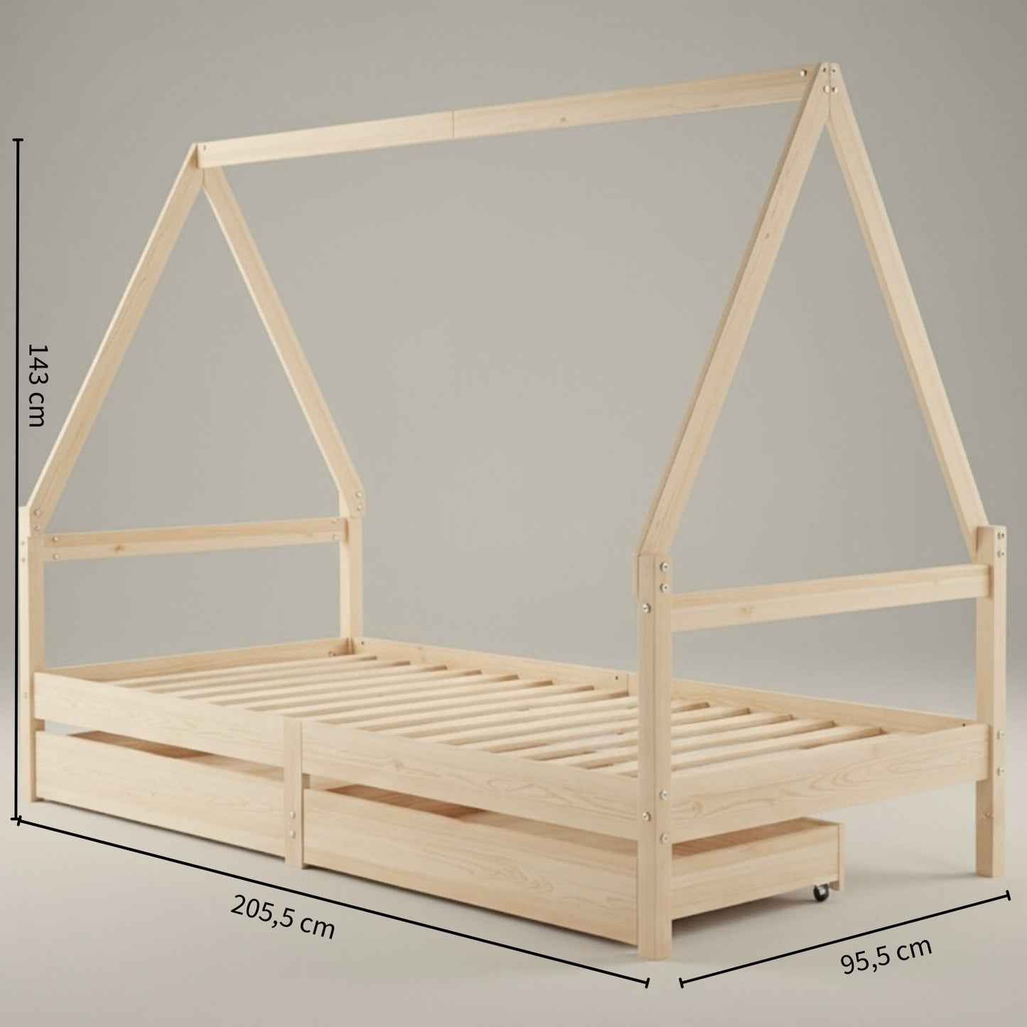 Lit Cabane Montessori en Bois de Pin Massif 90x200 cm avec 2 Tiroirs de Rangement - Toit Maison