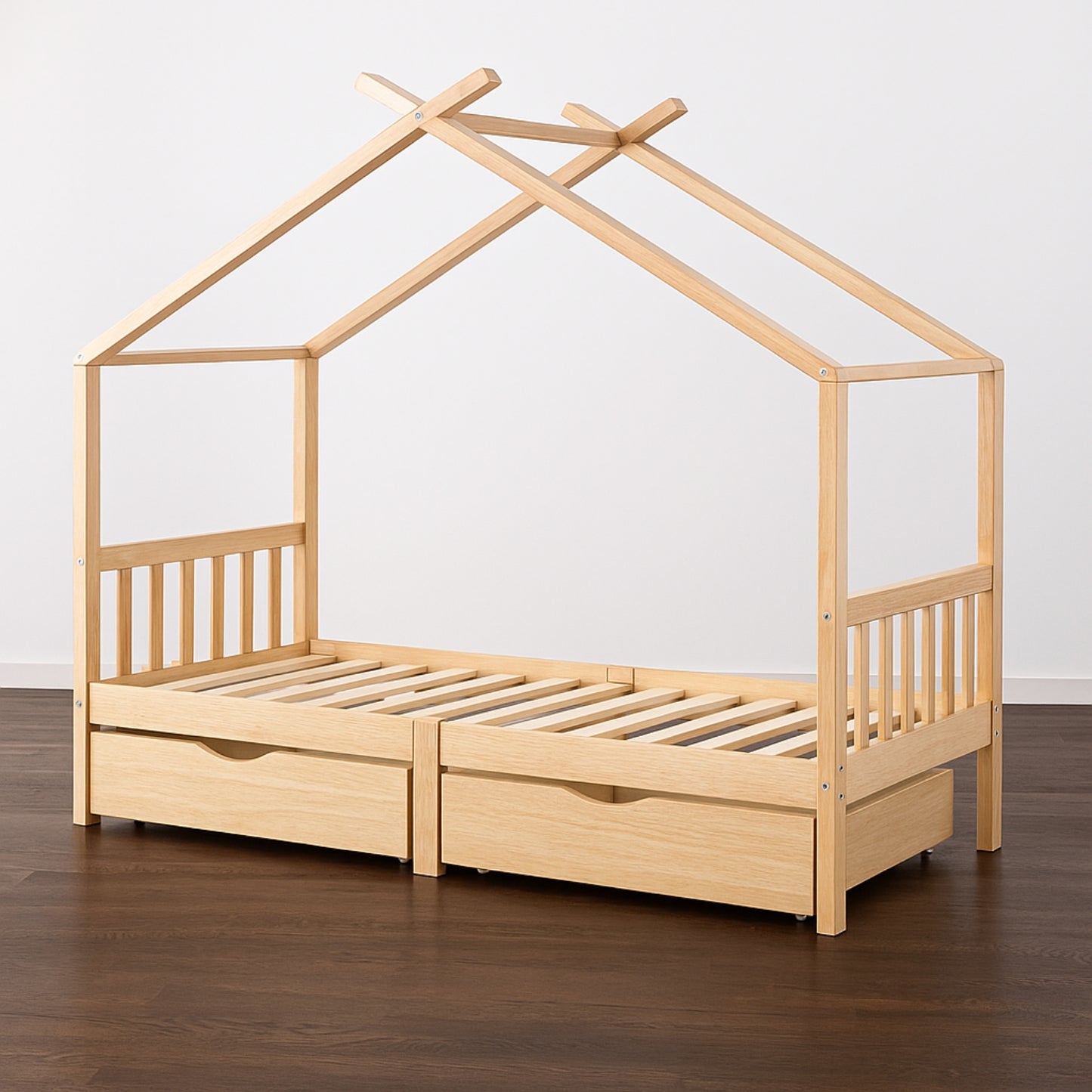 Lit Cabane Montessori en Bois de Pin Massif 90x200 cm avec 2 Tiroirs de Rangement - Cocon naturel & nuits paisibles - JouetApprends