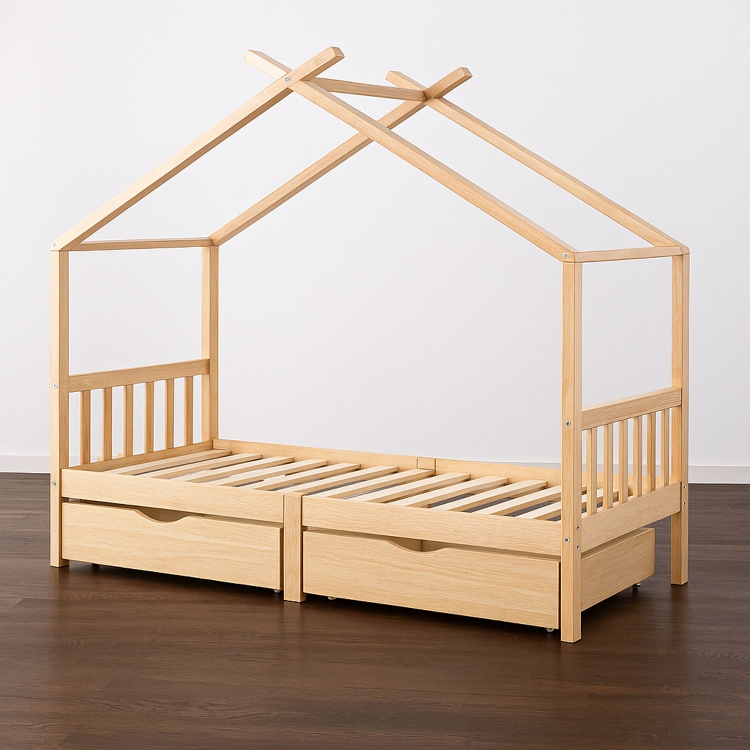 Lit Cabane Montessori en Bois de Pin Massif 90x200 cm avec 2 Tiroirs de Rangement - Cocon naturel & nuits paisibles - JouetApprends