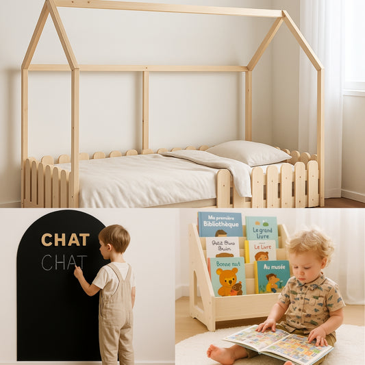 Pack Rentrée Montessori — Lit Cabane Bois + Bibliothèque + Tableau Magnétique Alphabet - JouetApprends
