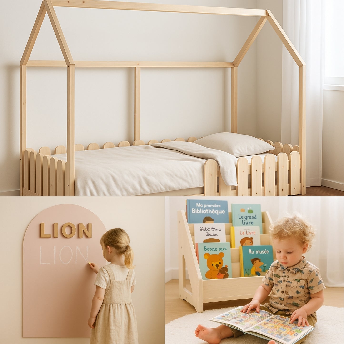 Pack Rentrée Montessori — Lit Cabane Bois + Bibliothèque + Tableau Magnétique Alphabet - JouetApprends