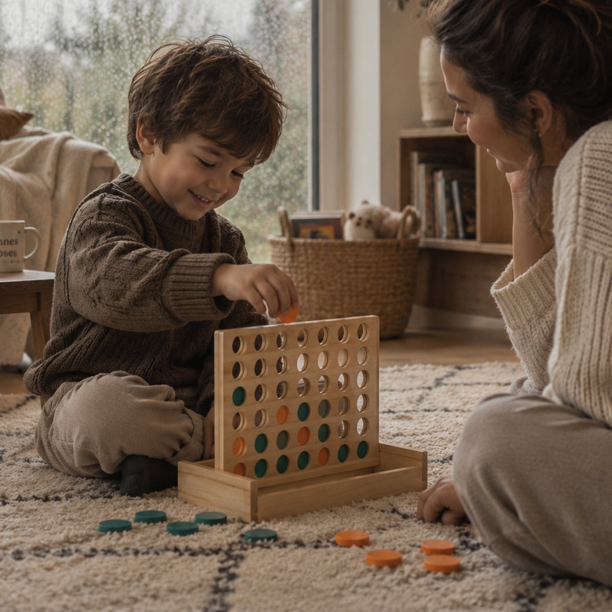 puissance 4 jeu 4 à la suite en bois compact mère et son fils de 6 ans jouent ensemble face à face en plein casse tete jeu de strategie