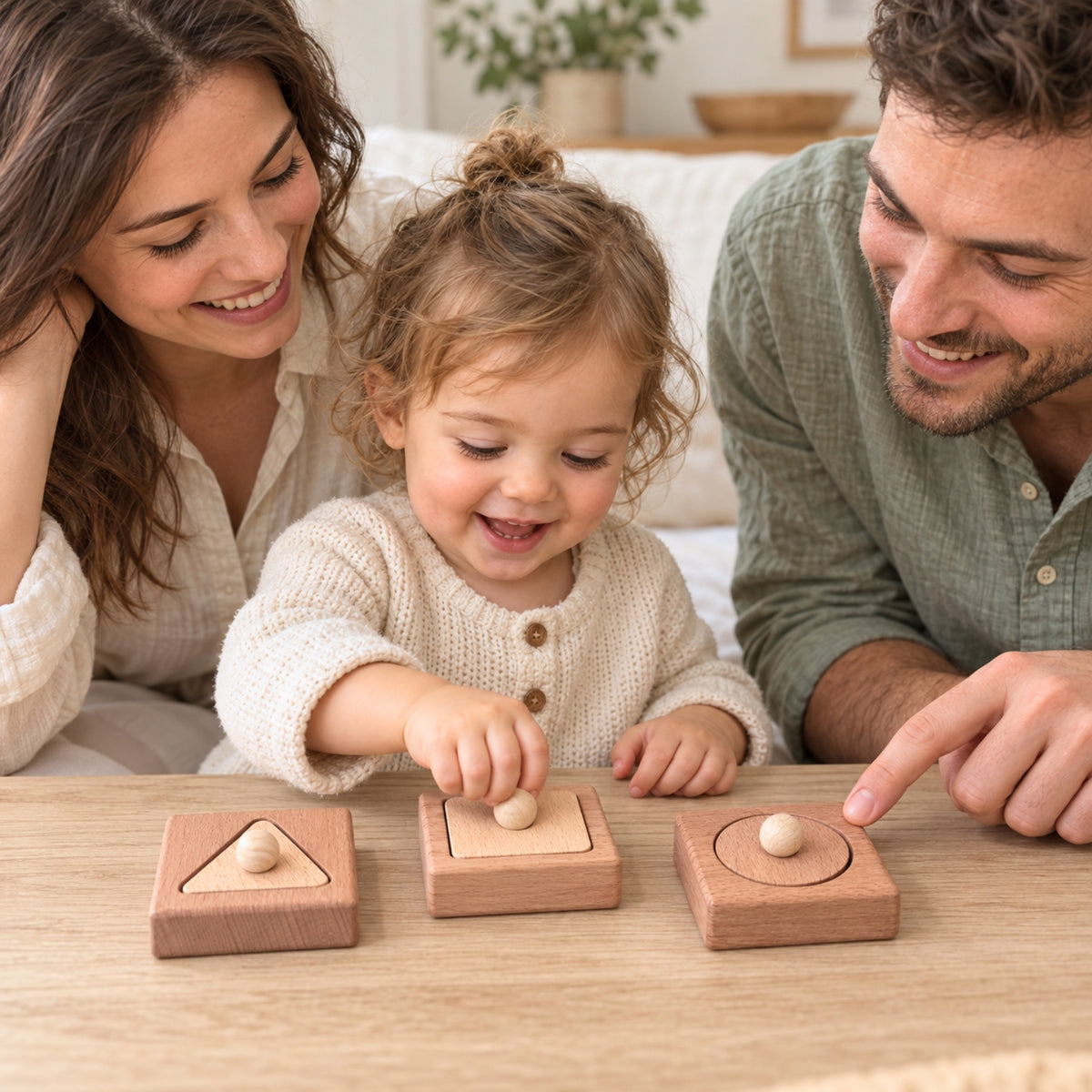 Moments complices avec trois puzzles en bois parents et enfant - Jeu Montessori 9-24 mois