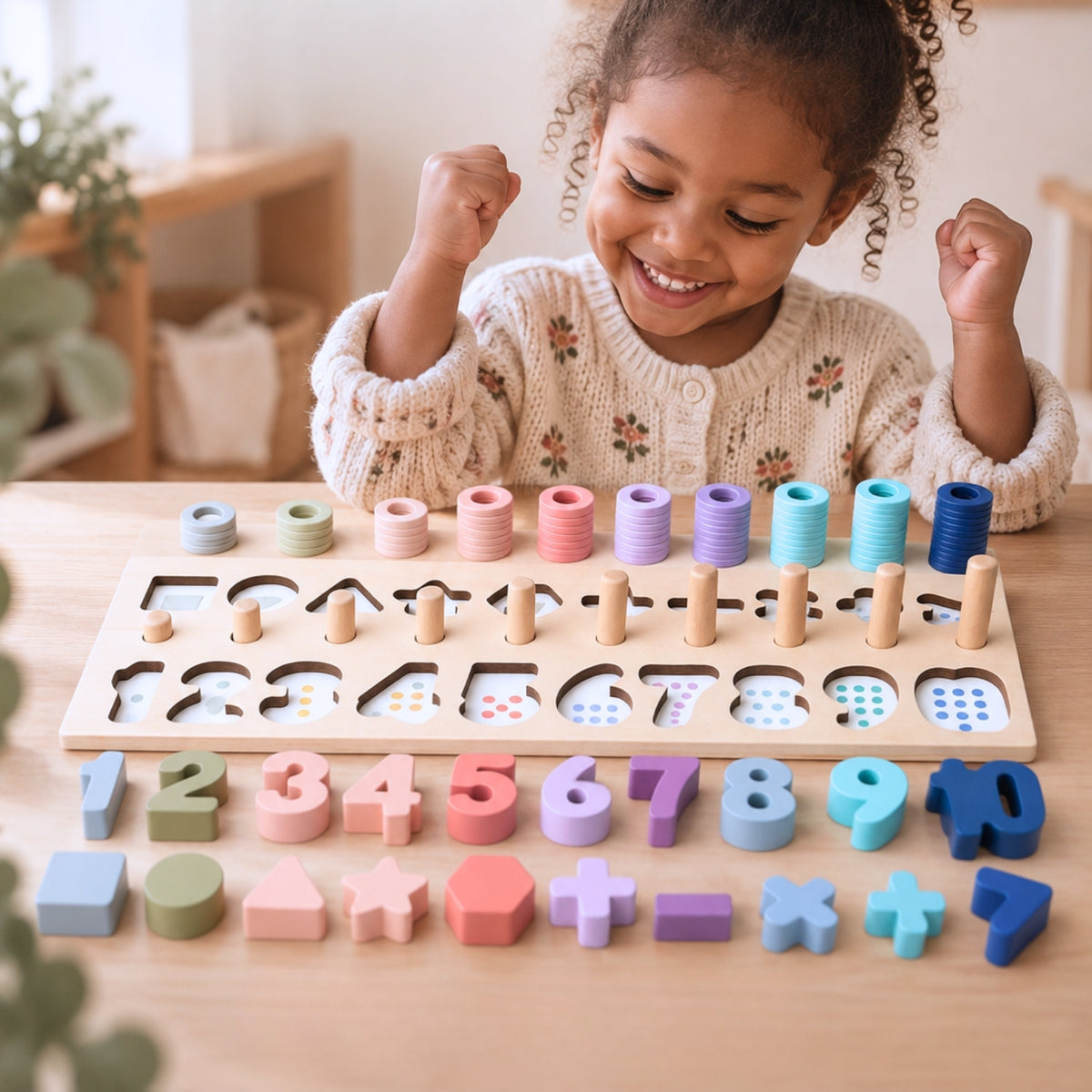 puzzle montessori a encastrer apprendre a compter chiffres bois pastel petite fille maternelle heureuse d'apprendre les maths