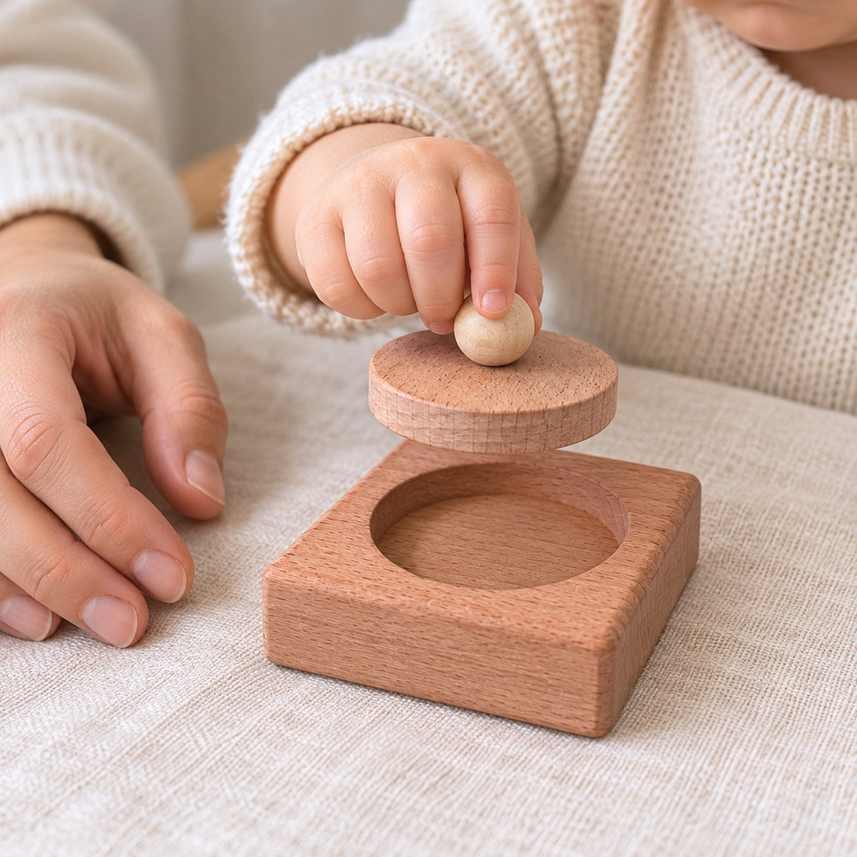 Main d'enfant retirant le rond en bois de son puzzle à encastrer - jeu Montessori cadeau pour jouer et apprendre de 9 mois à 24 mois