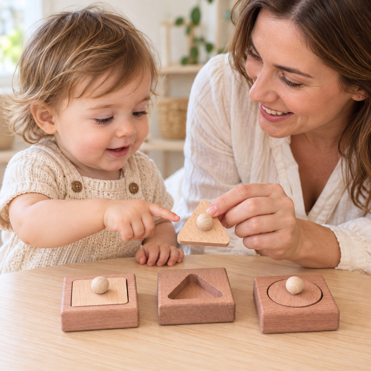Découverte complice des formes en bois naturel - maman et enfant - Jeu Montessori 9-24 mois cadeau utile jouer et apprendre