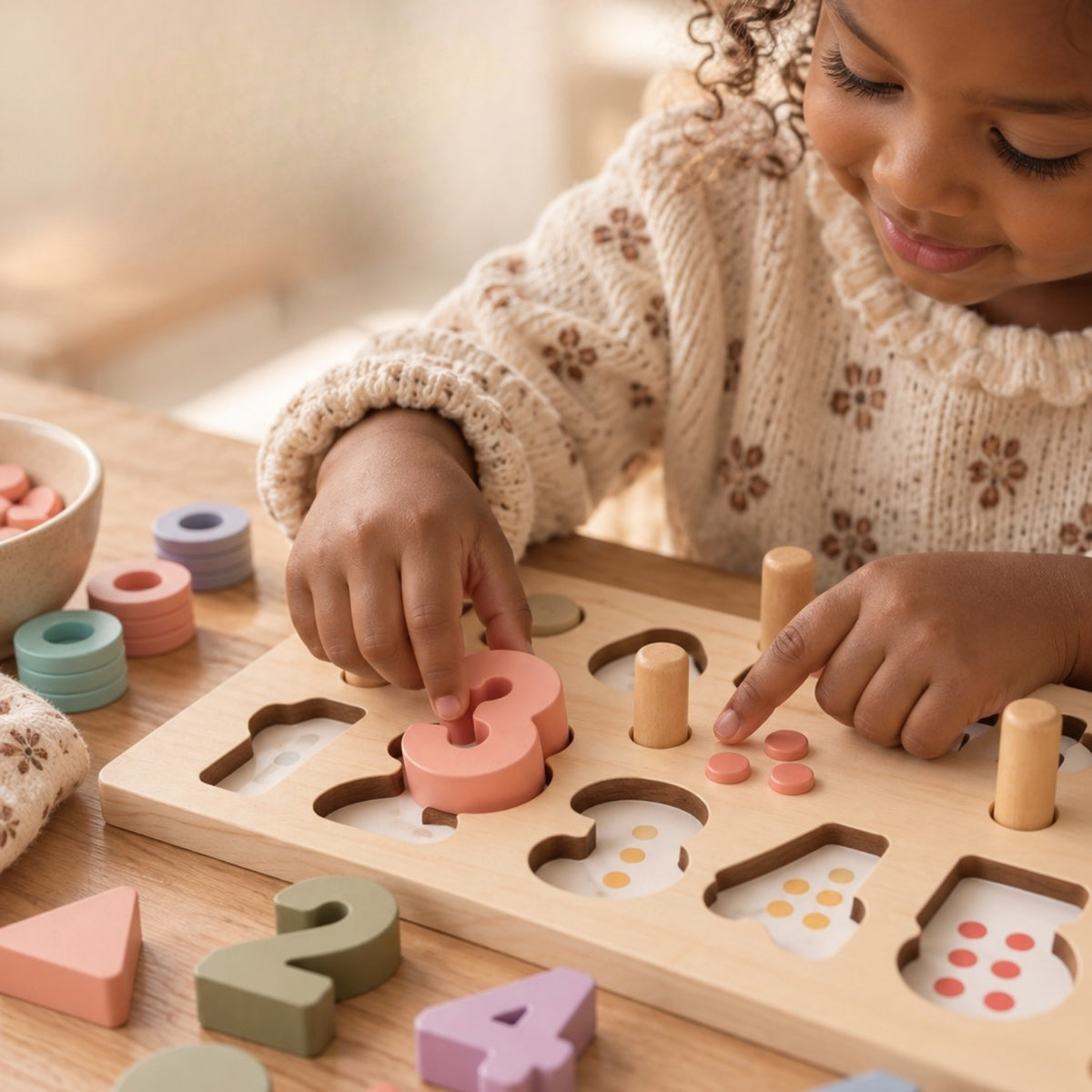 puzzle montessori en bois a encastrer apprendre a compter chiffres bois pastel petite fille maternelle heureuse d'apprendre les maths