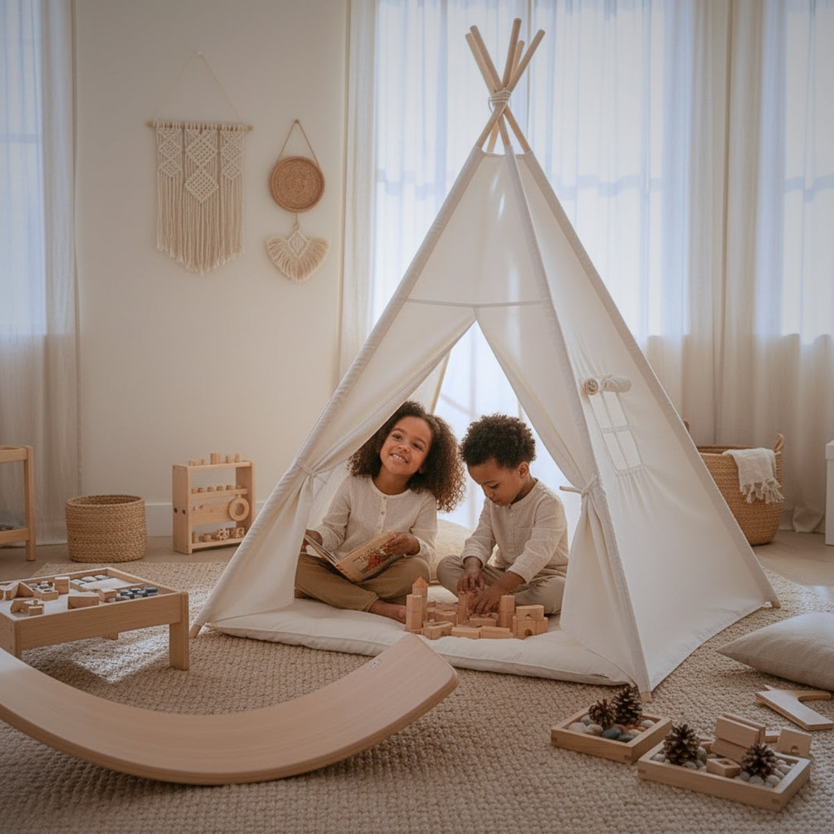 deux enfants assis dans leur jolie tente tipi lanche avec barres transversales en bois massif ils jouent en autonomie heureux dans leur chambre nature