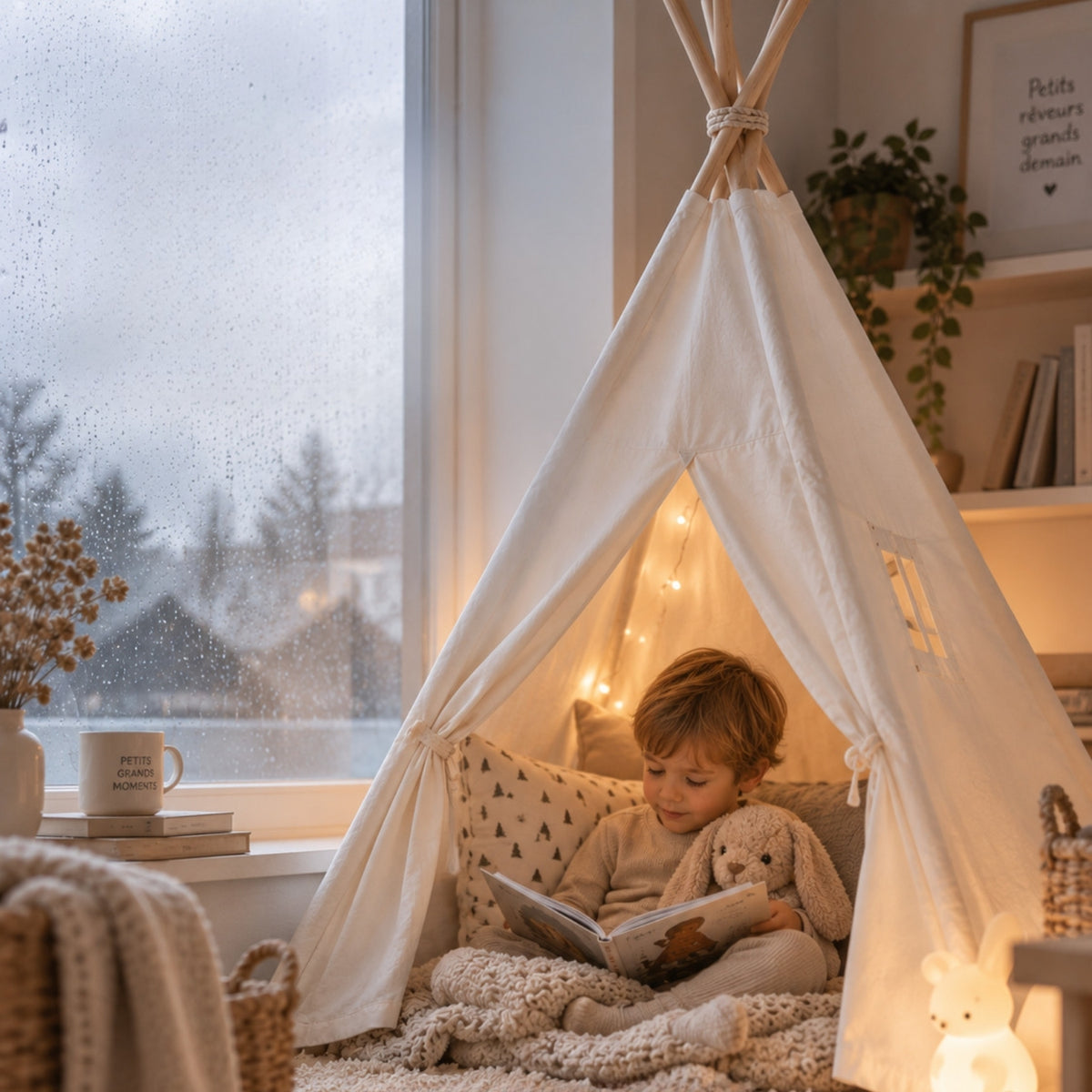 enfant 3 ans dans son tipi espace autonomie et lecture cocooning sans ecran
