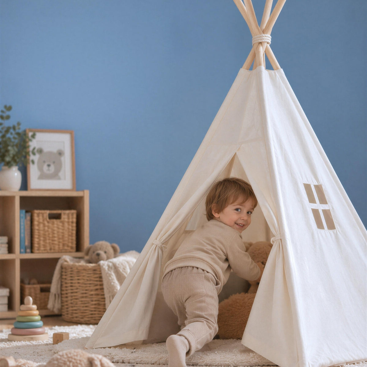 enfant 3 ans joue dans son tipi chambre et espace autonomie coin jeu cocooning sans écran