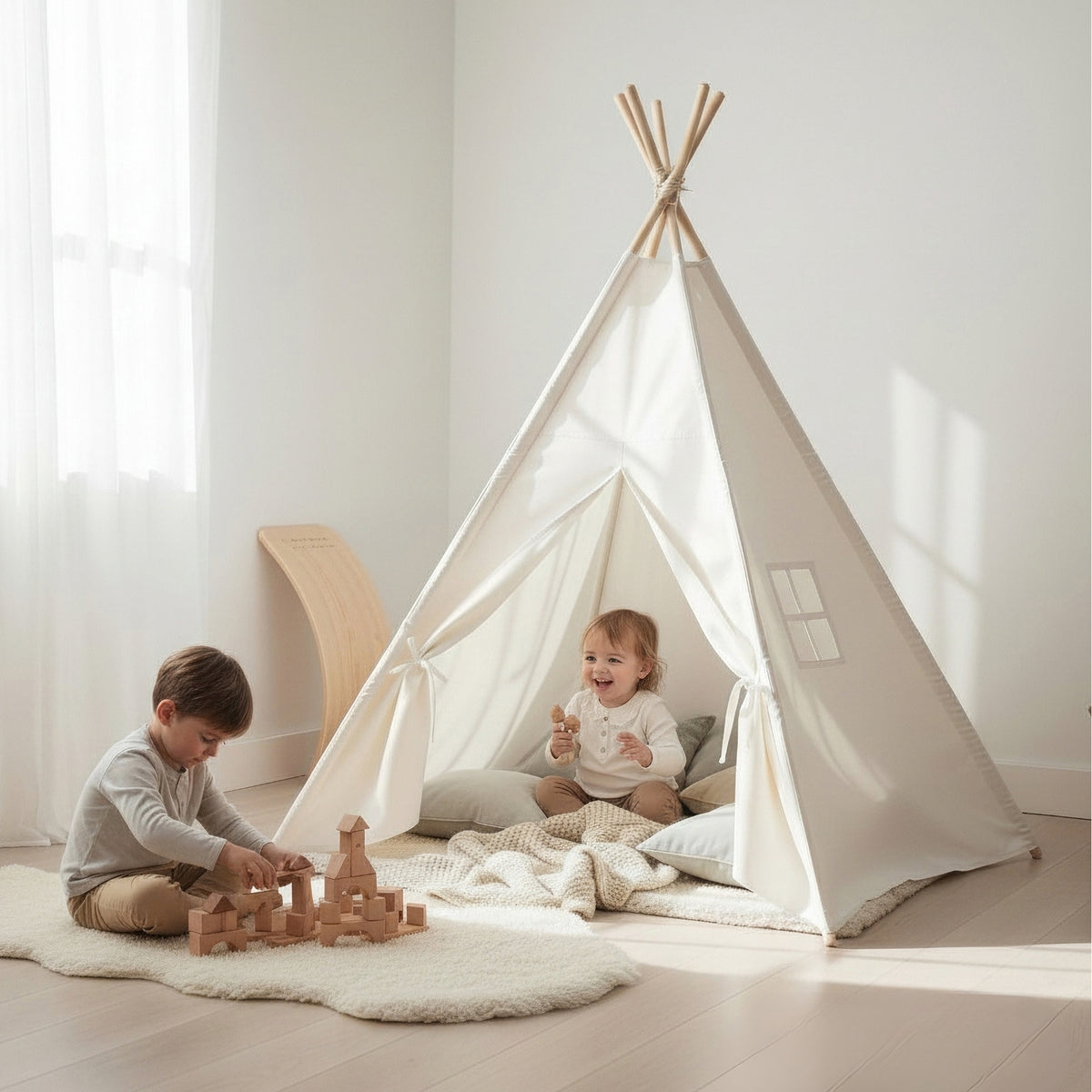 Tipi enfant Montessori en bois blanc avec fenêtre et sac de rangement - Tente chambre 3-7 ans - JouetApprends