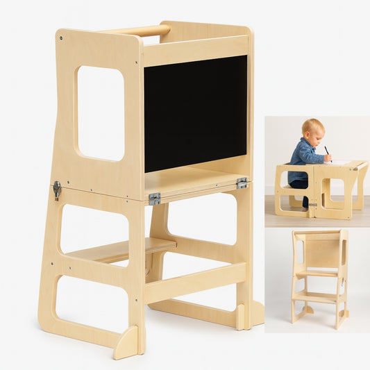 Tour d'observation et d'apprentissage Montessori - 3 en 1 - Pliable en Table d'activités - Tableau dessin - Enfant 18 mois-5 ans